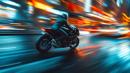 Motorcycle rider speeding through city at night, blurred lights. Dynamic City Motion. Illustration