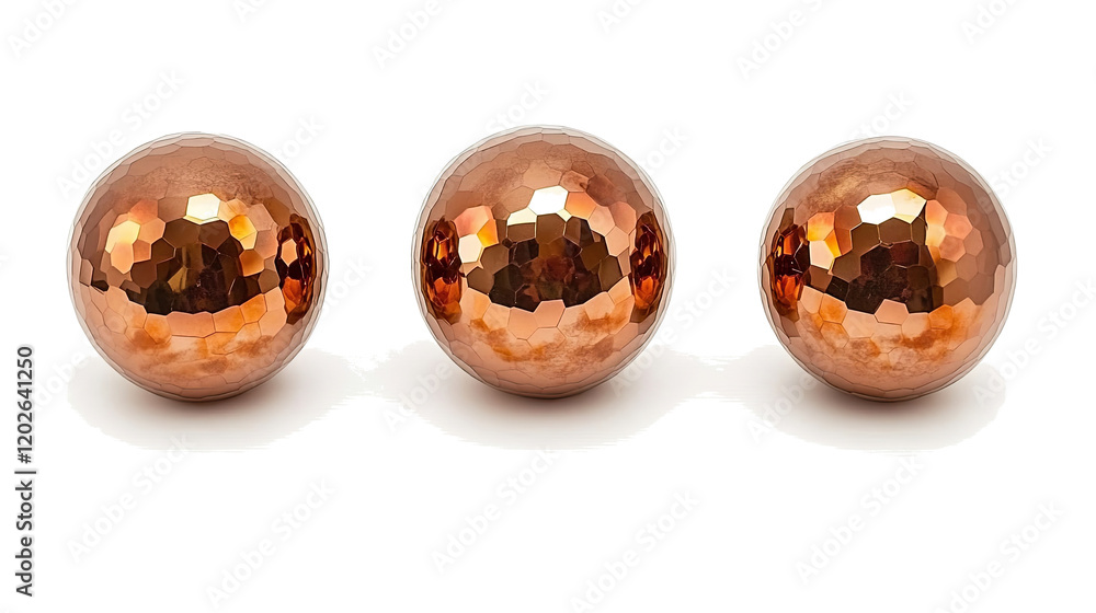 Poster shiny golden disco mirror balls arranged in a row generative ai