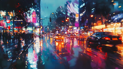Rainy night city street view from car windshield. blurry motion of cars and city lights through wet glass. vivid colors and dynamic feel. Dynamic City Motion. Illustration
