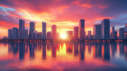 Fototapeta premium City Skyline Sunset Reflection Water Vibrant Colors