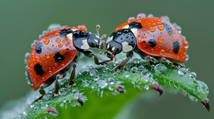 Small ladybugs with umbrellas enjoying a rainy day