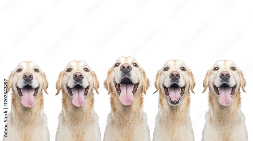 Poster multiple golden retrievers with joyful expressions generative ai