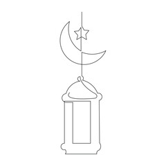 Continuous single line sketch drawing of moon crescent and lantern lamp ramadhan kareem ied mubarak islamic symbol one line art vector illustration