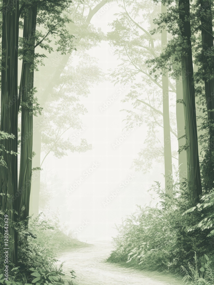 Leinwandbilder winding forest trail leads deeper into tall trees under a soft misty atmosphere inviting exploration