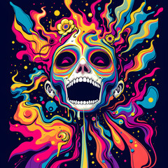 Vibrant and Colorful Skull Illustration with Intricate Patterns and Bold Colors Reflecting Life and Death Themes