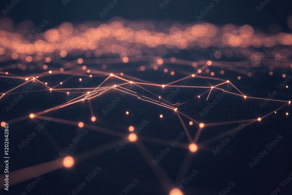 Poster network of glowing lines and dots creating an abstract digital landscape at night. generative ai