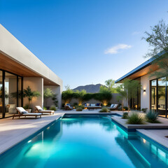 Fototapeta premium Stunning Modern Architecture Showcase with a Refreshing Pool and Lush Landscape under a Clear Sky