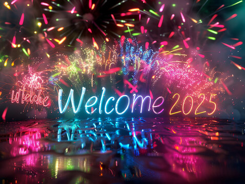 Fireworks in a rainbow gradient arching across the horizon, with the words "Welcome 2025" subtly glowing among the sparks.