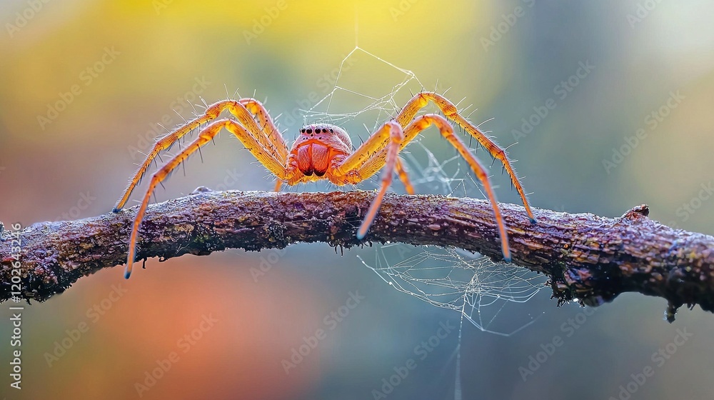 Aufkleber a close-up of a spider on a branch with a blurry background in the foreground and the background out