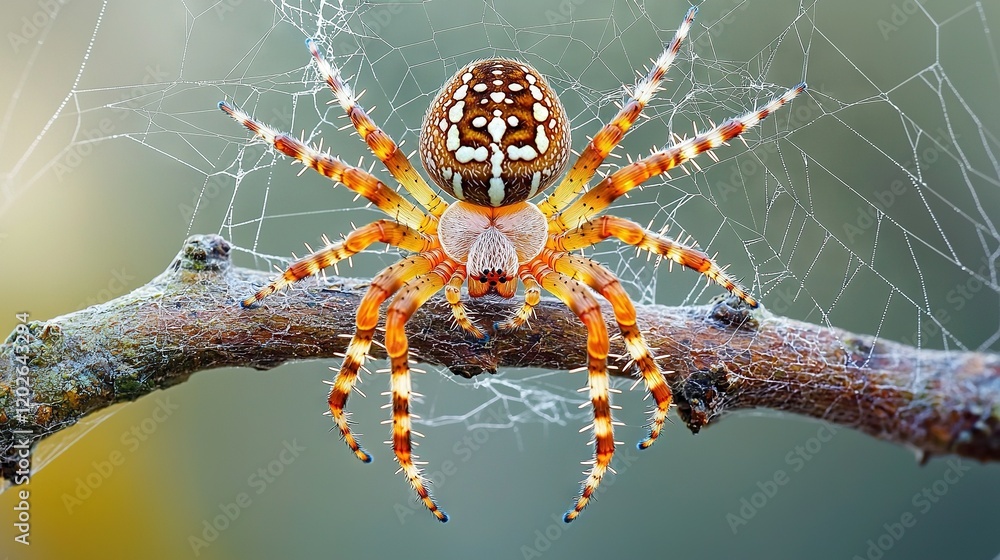 Poster a macro shot of a spider perched on a twig with a web sprawled across its torso