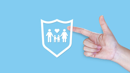 Insurance concept, protective gesture and family, life, health and house insurance icons, Family life insurance and policy concepts, hospital, medical treatment.
