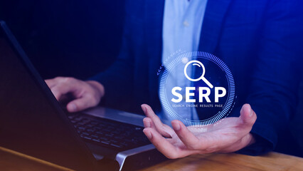 SERP, Search Engine Result Pages concept, magnifying glass with text SERP, can be used for...