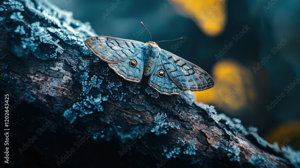 Poster a close-up of a moth on a tree branch with lichen on its back and yellow leaves in the background