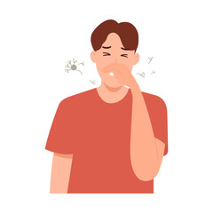 Vector illustration of pollen allergy and Hay fever. Man with allergic rhinitis, allergy symptoms, sneezing, runny nose, itchy eyes, nasal congestion. Flat design 