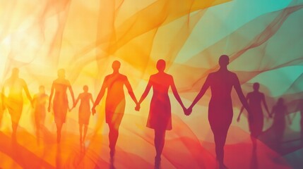 Fototapeta premium Silhouettes of diverse people holding hands in vibrant and colorful abstract shapes during a warm sunset. Generative AI