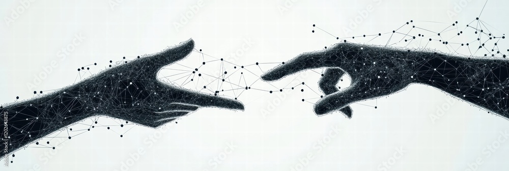 Aufkleber Silhouettes of hands extending connection lines and dots in a creative representation of human interaction. Generative AI
