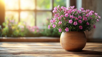 Fototapeta premium Pink flowers in a rustic clay pot by a window