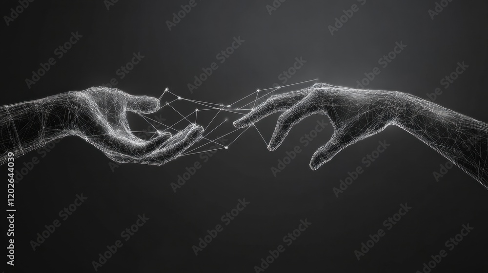 Poster Hands forming connections through lines and dots in a dark digital space. Generative AI