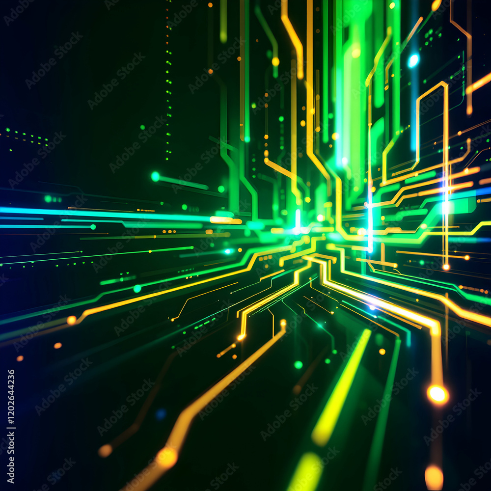 Poster abstract visualization of digital connections with neon colors and light patterns in a futuristic se