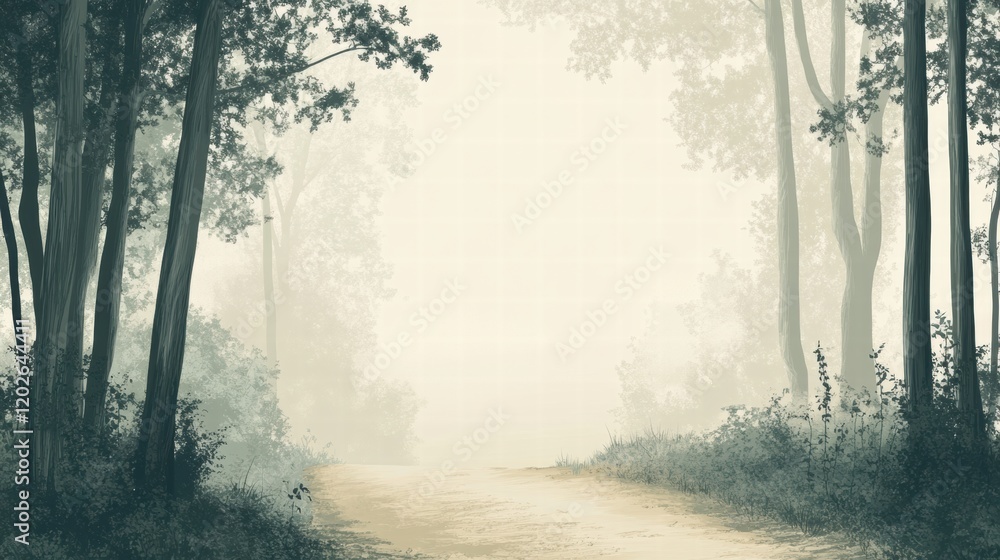 Poster winding forest trail through tall trees in a serene misty morning. generative ai