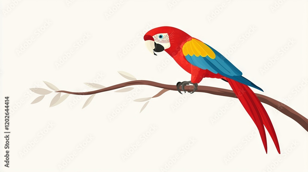 Aufkleber red and yellow parrot on a branch with a branch sprouting in its foreground