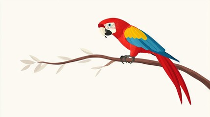 Fototapeta premium Red and yellow parrot on a branch with a branch sprouting in its foreground