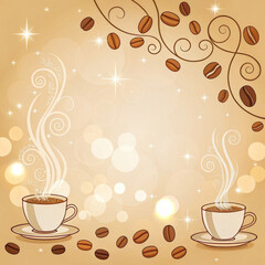 Obraz premium Two Steaming Coffee Cups On Beige Background With Glowing Coffee Beans And Swirling Steam, Ideal For Coffee Shops, Cozy Cafes, Autumn Promotions, Food Blogs, Or Warm Beverage Campaigns.