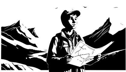 Tourist with map in hand. Vector illustration ready for vinyl cutting.