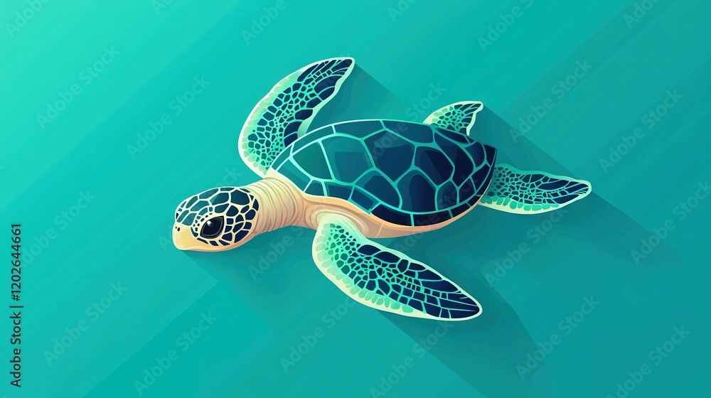 Poster a turtle in green on a blue background with a shadow from its shell on the floor