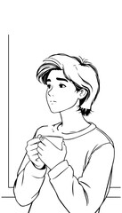 Black and white illustration of a young man holding a cup of coffee.