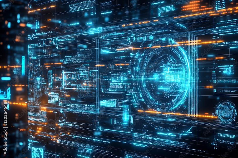 Aufkleber Advanced Cyber Technology Interface with Blue and Orange Digital Security HUD Overlay : Generative AI