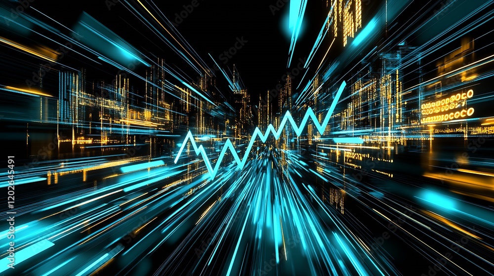 Poster Dynamic Blue Digital Data Visualization with Cityscape and Futuristic Financial Chart : Generative AI