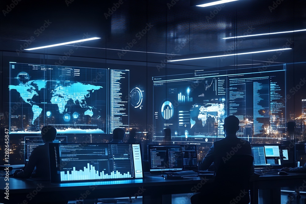 Aufkleber High-Tech Command Center with Digital World Maps for Global Business Operations : Generative AI