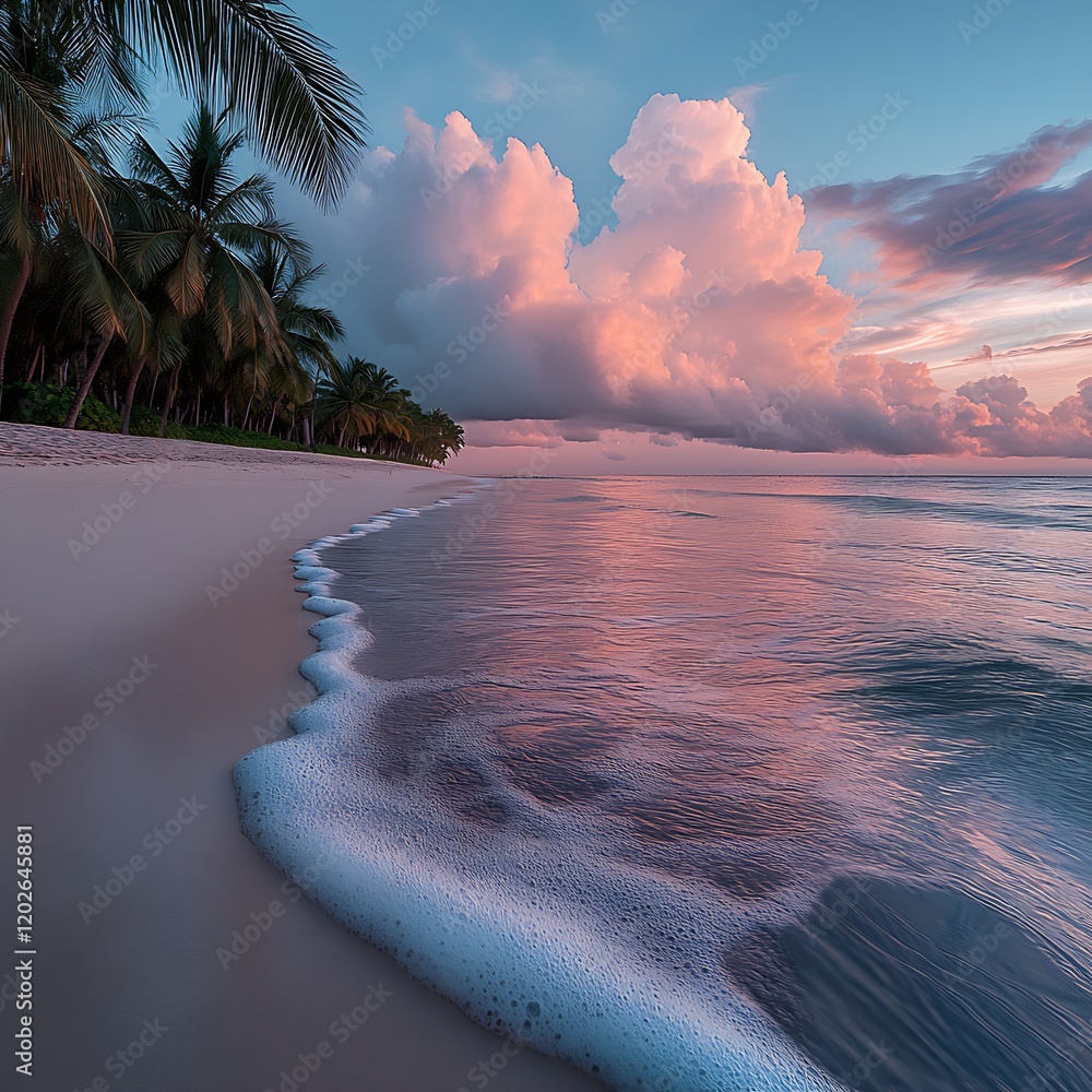 Poster beautiful sunset over a tropical beach with palm trees and serene ocean waves : generative ai