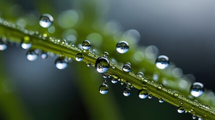 Close-up of droplets on a green leaf, capturing nature's beauty and serenity.