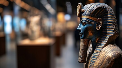 Pharaoh bust museum display, ancient Egypt history, cultural artifact