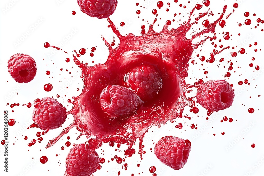 Aufkleber Dynamic Raspberry Splash With Juicy Berries Against a Clean White Background : Generative AI