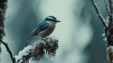 Fototapeta premium A blue bird sits on a tree branch dusted with snow and lichen