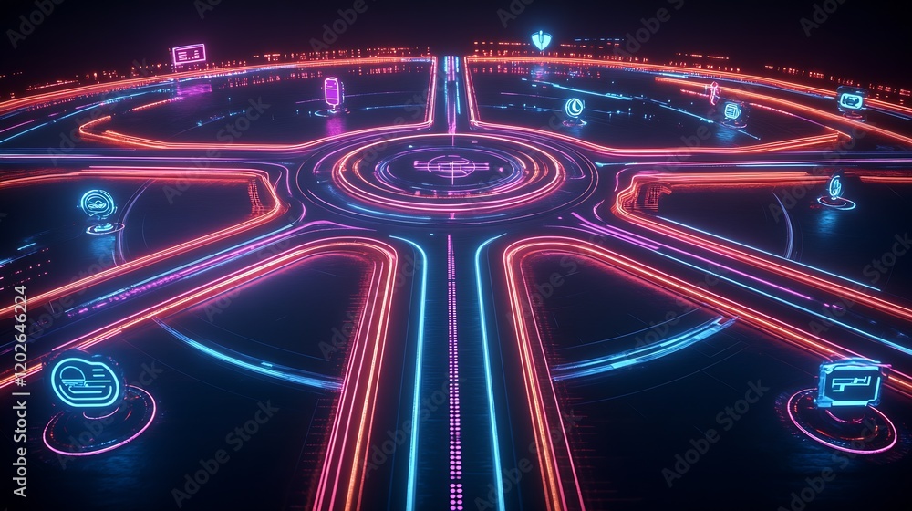 Poster neon circuit-like cyber arena with virtual reality interface for gaming : generative ai