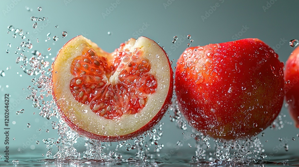 Poster a close-up of a grapefruit and a grapefruit on a table with water splashing on it