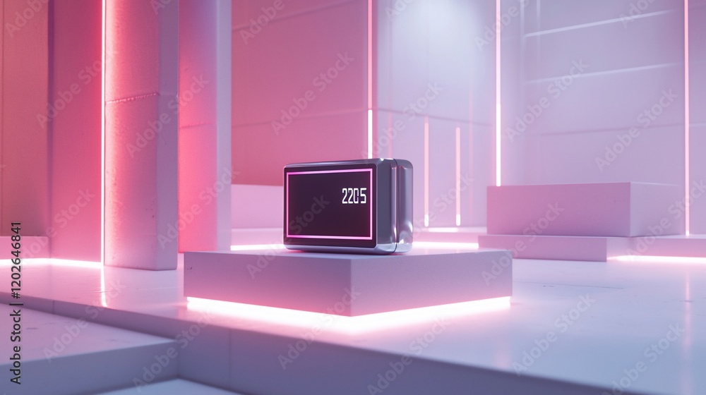 Poster futuristic digital clock on a platform with neon lighting.