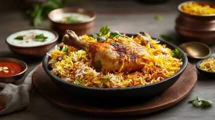 Traditional Indian biryani with chicken and raita. Featuring a flavorful and aromatic dish. Highlighting the texture and spices of the biryani. Ideal for food and cultural themes.