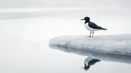   Seagull on ice floe in ocean's center, reflection in water below