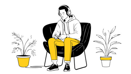 Vector illustration of a man listening to music in headphones and sitting in a chair. © creativediastudio