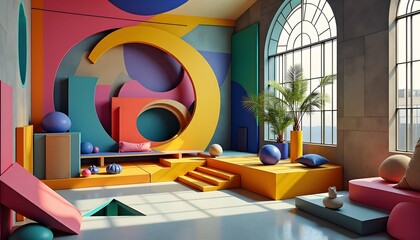Colorful Abstract Room Interior Design with Geometric Shapes