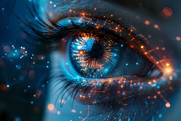 Macro shot of a mesmerizing blue eye with digital sparkles and orange light effects, perfect for technology, artificial intelligence, and future vision concepts.