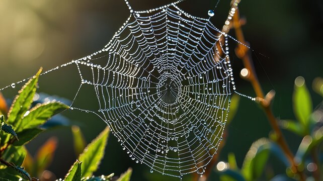 Close-up of a delicate spider web adorned with water droplets, showcasing nature's intricate design.