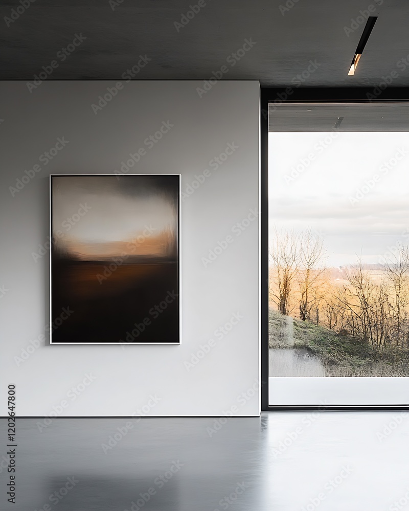 Poster minimalist modern art piece in serene gallery space with scenic window view : generative ai