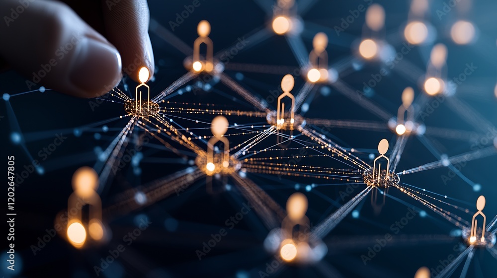 Poster hand touching digital network with glowing connections of social media icons and profiles : generati