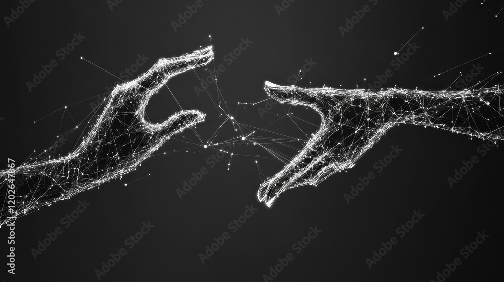 Leinwandbilder silhouettes of hands extending connection lines to form a network of interaction and communication i